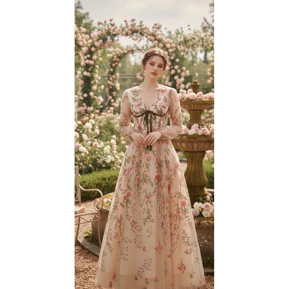 Floral Long Sleeve Embroidered Formal Gown Tulle Dress Coquette Fairy Whimsical